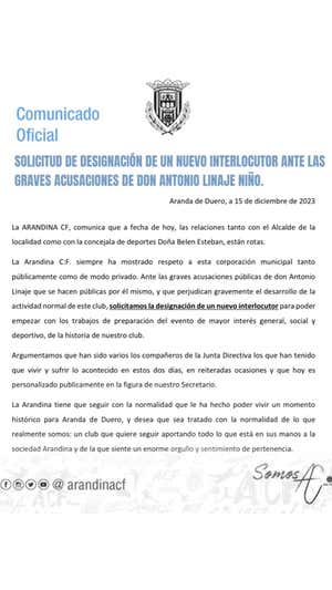El comunicado de la Arandina contra el Ayuntamiento.