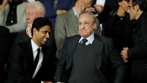 Nasser Al-Khelaïfi y Florentino Pérez, en el PSG-Real Madrid de 2019. /REUTERS / B. TESSIER