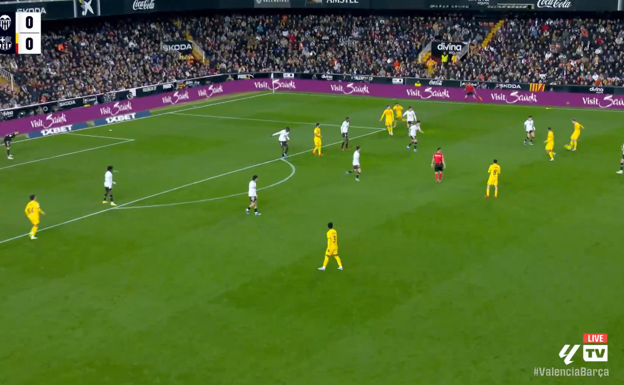 De Jong dando el pase de exterior para que Raphinha reciba en área rival.  WYSCOUT