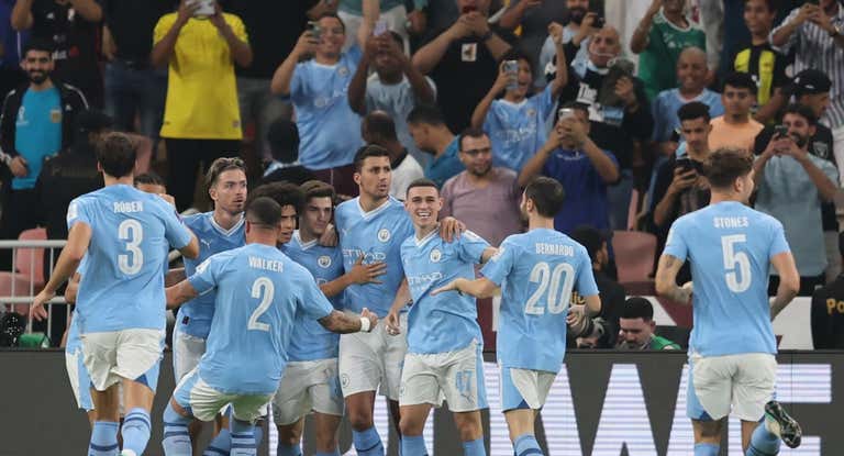 El Manchester City celebra uno de los cuatro goles marcados hoy.