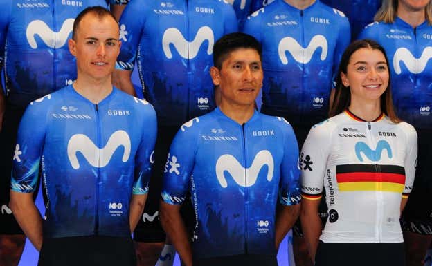 Los líderes de Movistar Team, Enric Mas, Nairo Quintana y Liane Lippert, en la presentación del equipo, este jueves en Madrid. EP
