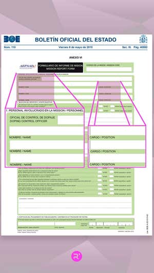 Imagen del formulario de informe de misión a rellenar por los agentes y publicado en el Boletín Oficial del Estado.  David Hernández / Relevo
