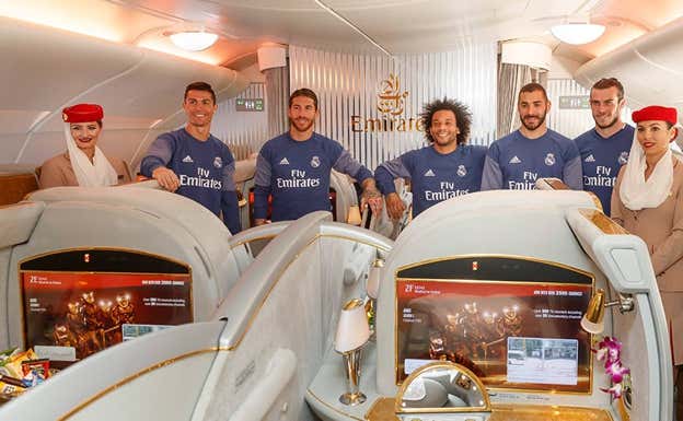 Cristiano, Ramos, Marcelo, Benzema y Bale promocionando Fly Emirates en 2016. Real Madrid