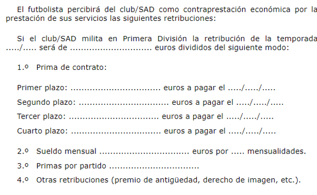 Modelo de contrato que recoge el Convenio colectivo del fútbol masculino firmado por LaLiga y AFE.  BOE