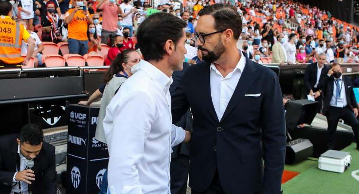 Marcelino y Bordalás se saludan en Mestalla.