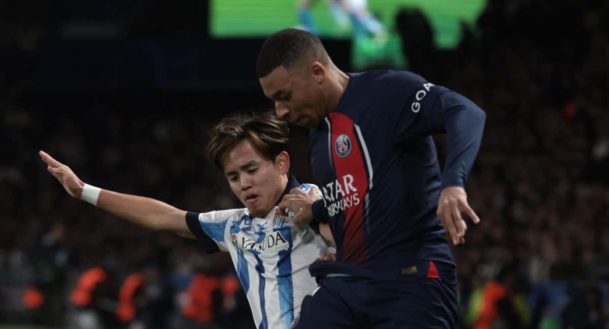 Kylian Mbappé y Take Kubo, en una acción del encuentro de ida jugado en el Parque de Los Príncipes. /Efe