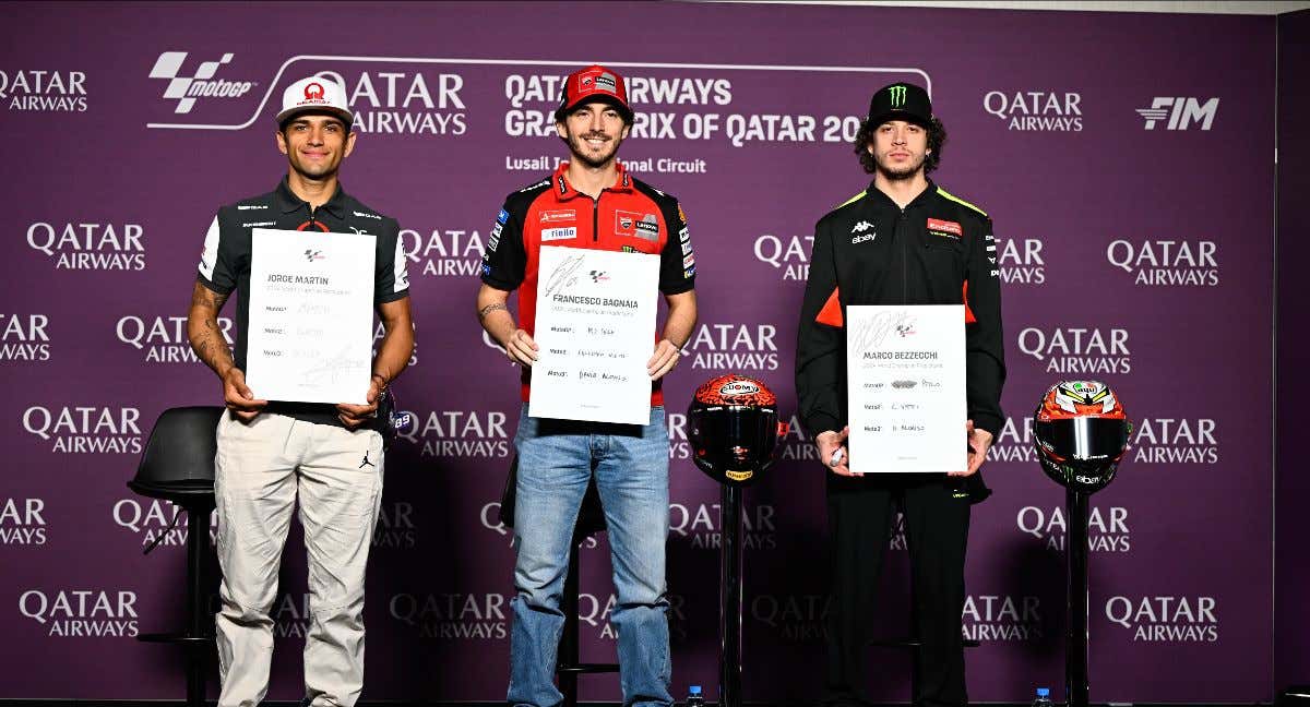 Tres primeros clasificados de la temporada 2023 en la rueda de prensa previa al GP de Catar. /MotoGP