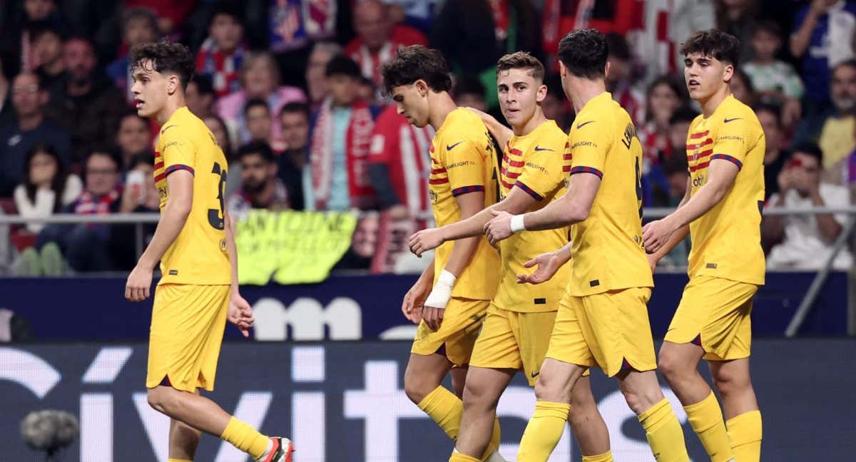 El Barça celebra el gol de Fermín, el tercero./AFP