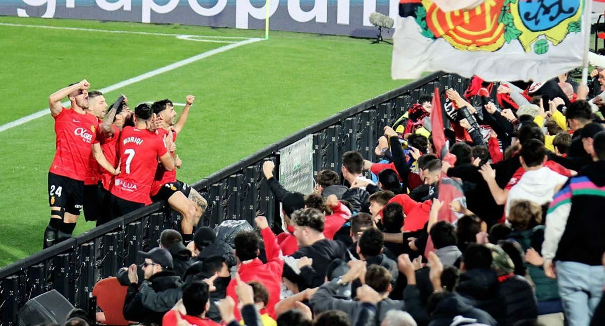 Aficionados del Mallorca celebrando un gol con algunos jugadores. /RCD Mallorca