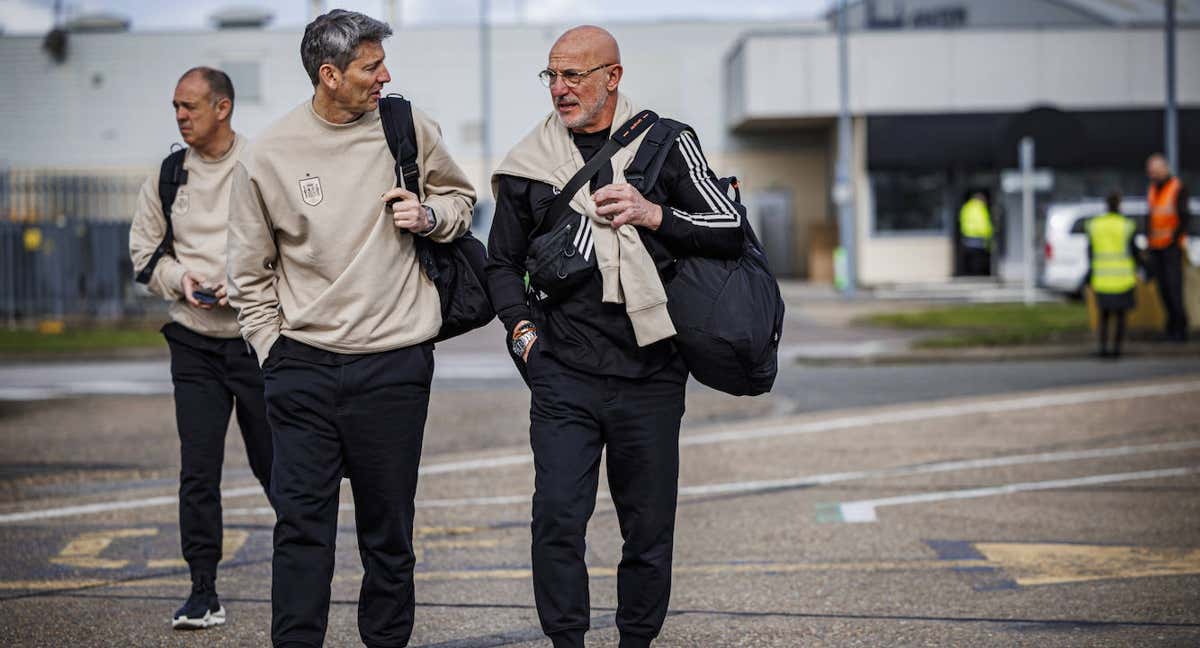 Luis de la Fuente (derecha), en el viaje de vuelta a Madrid este sábado. /RFEF