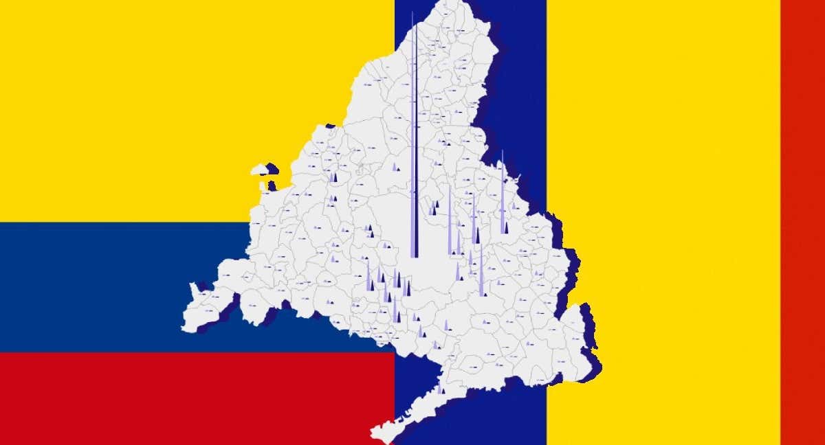 Madrid destaca sobre el resto de zonas en cuanto a población colombiana y rumana./RELEVO/MAPA: DATAWRAPPER