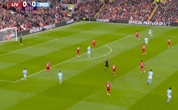 Foden recibe abierto y De Bruyne ataca el espacio que se abre.  WYSCOUT
