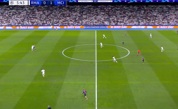 Haaland ante Rüdiger tras el saque de Ortega.  WYSCOUT