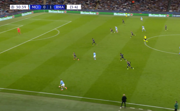 Carvajal protege el espacio entre él y Rüdiger para que Silva no pueda recibir.  WYSCOUT