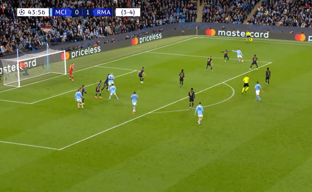 Situación de centro de Foden en la que el City sitúa a tres jugadores buscando atacar la espalda de Carvajal y Rüdiger.  WYSCOUT