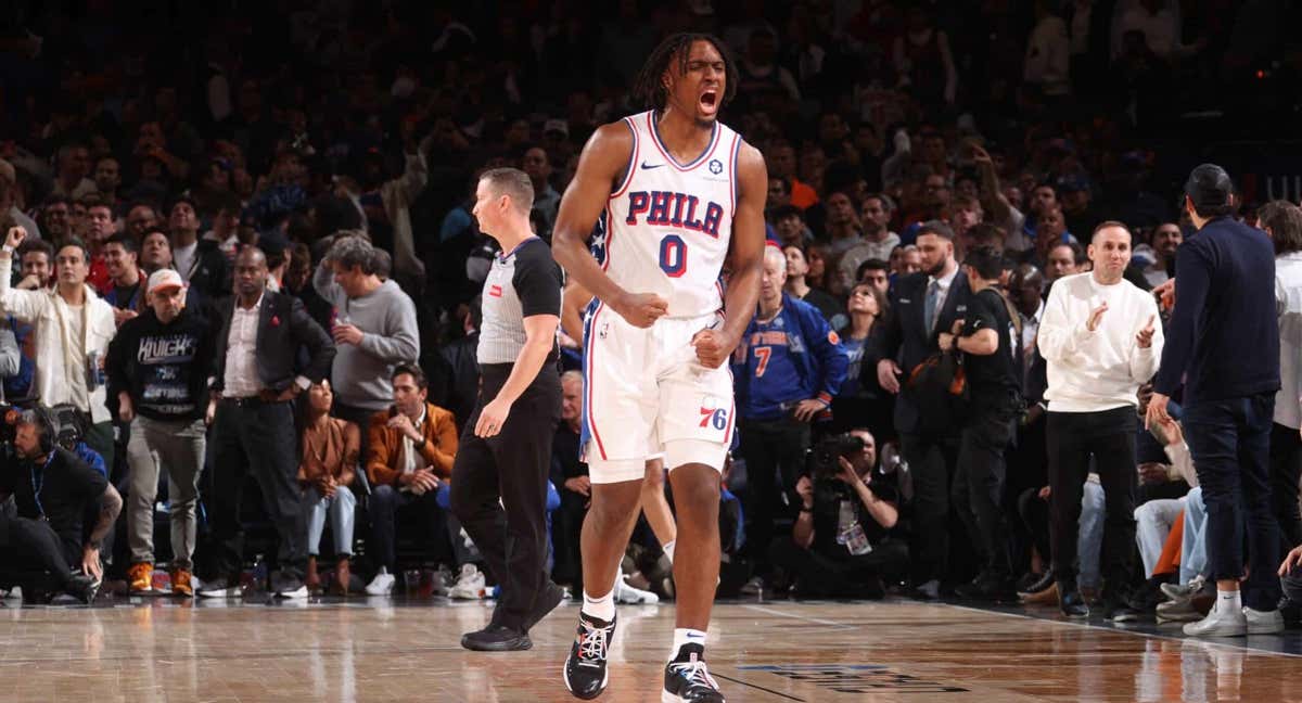 Tyrese Maxey celebra una de sus acciones durante el quinto partido ante los Knicks/ GETTY IMAGES