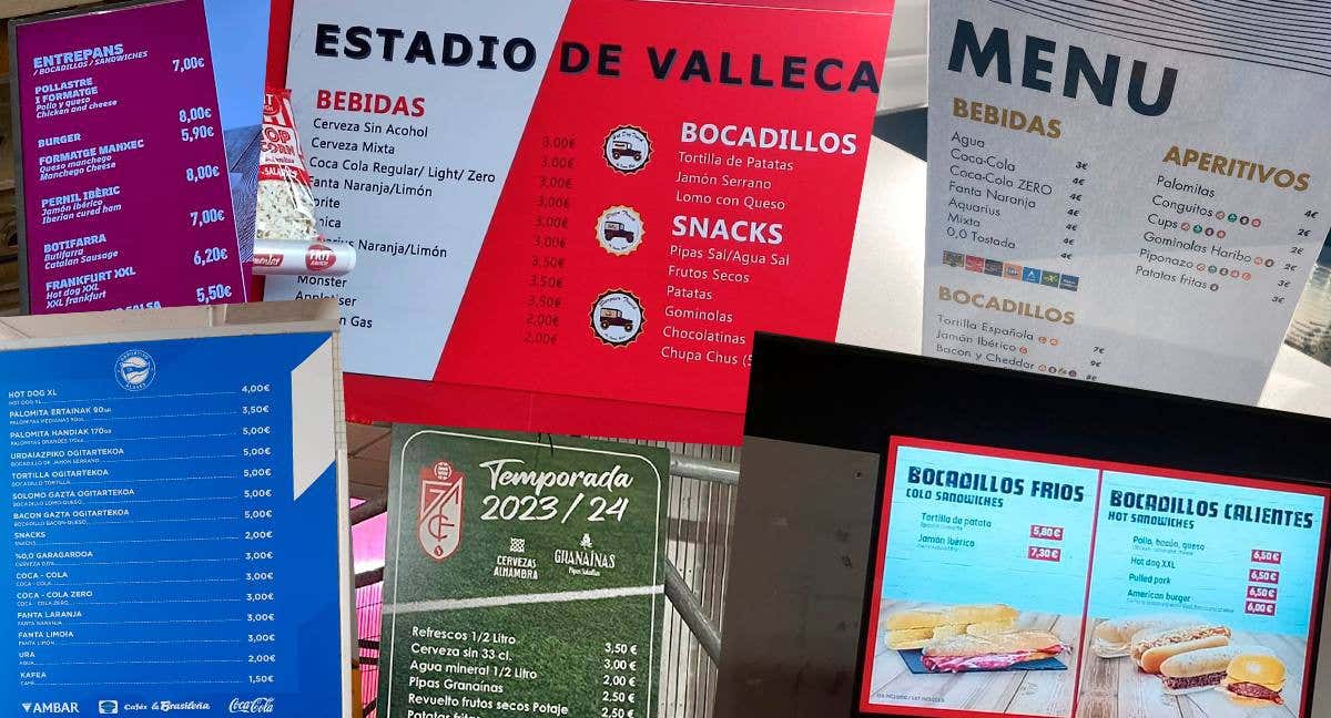 Algunos de los menús en los bares de los estadios de LaLiga. /Relevo