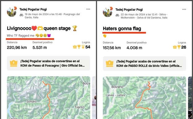 Las dos actividades en las que Pogacar hace referencia a Strava.