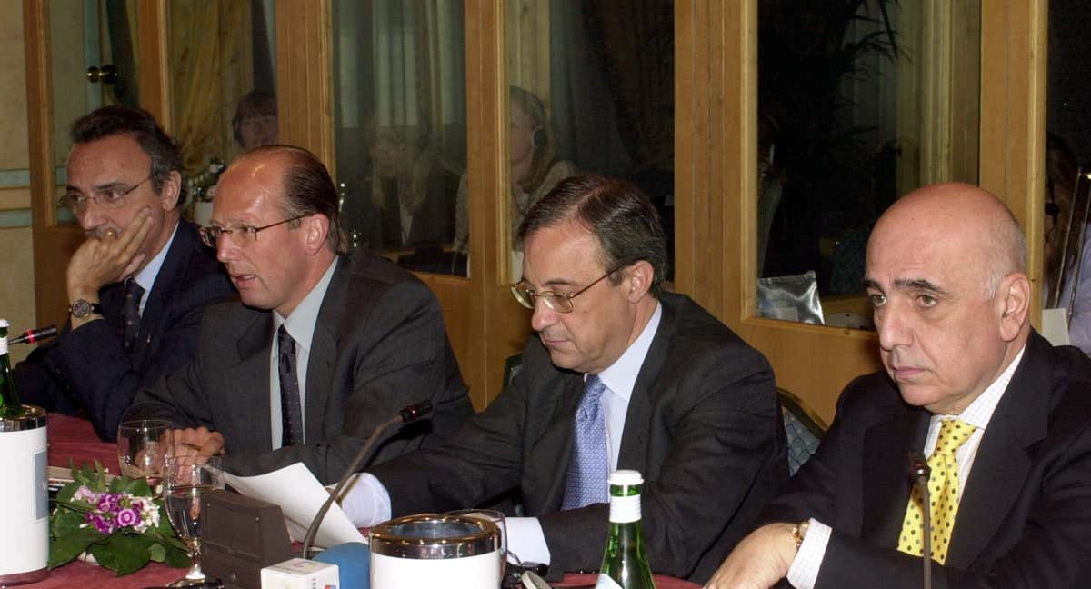 Adriano Galiani, Florentino Pérez, Thomas Kurth y Joan Gaspart en una reunión del G14, la plataforma de clubes grandes europeos. /ARCHIVO