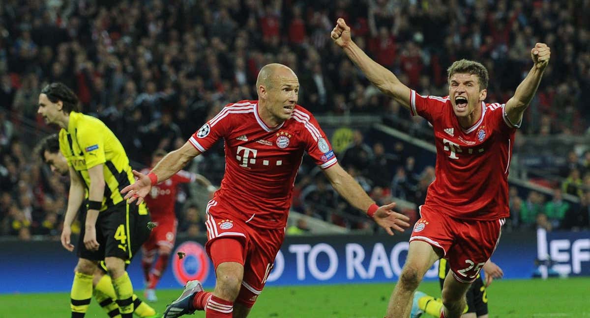 Robben celebra el gol en la final de la Champions perdida por el Dortmund en 2013./AFP