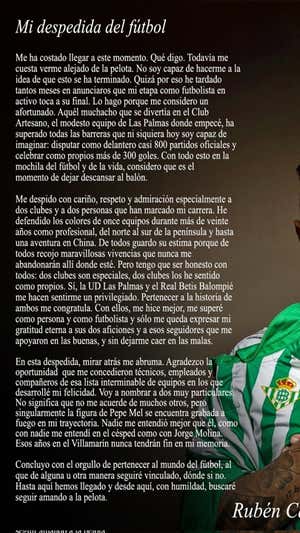 Rubén Castro se despide del fútbol con un hueco en su corazón para Pepe Mel y Jorge Molina