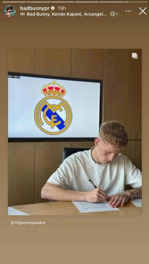 Bad Bunny comparte el fichaje de Jeremy de León por el Madrid en Instagram. @badbunnypr