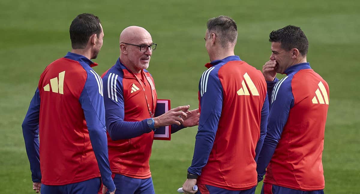 Luis de la Fuente, seleccionador español, se dirige a López Vallejo (psicólogo) delante del resto de su staff. /GETTY