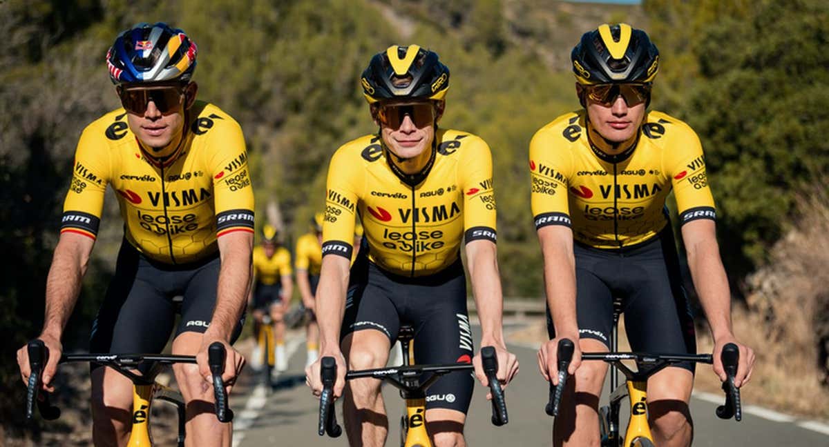 Van Aert, Vingegaard y Kooij, con los uniformes de esta temporada, que serán sustituidos en el Tour de Francia./Visma-Lease a Bike