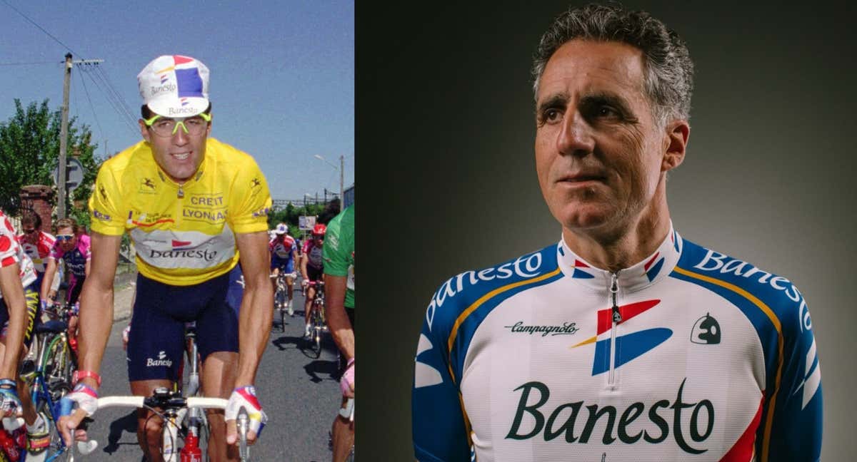 Miguel Induráin en 1991 y en 2024, con el maillot de aquella temporada en la que consiguió su primer Tour de Francia./