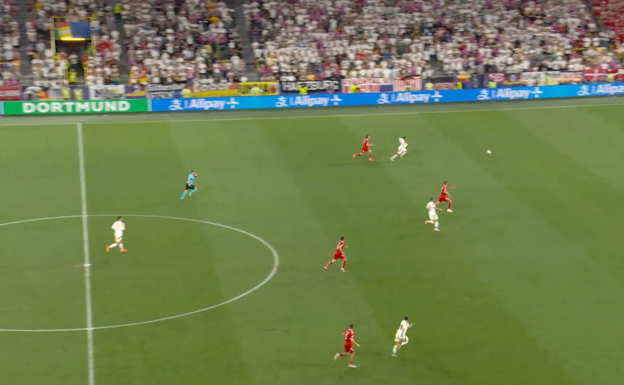 Balón al espacio para el 2-0 de Musiala. WYSCOUT