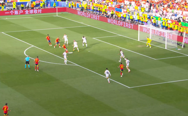 Dani Olmo remata solo en área rival.  WYSCOUT