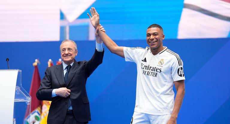 Florentino Pérez en la presentación de Mbappé.