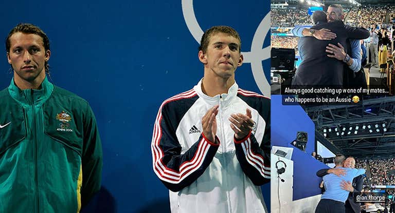 Ian Thorpe y Michael Phelps hace 20 años en un podio y el pasado lunes en la tribuna de prensa de La Dèfense.