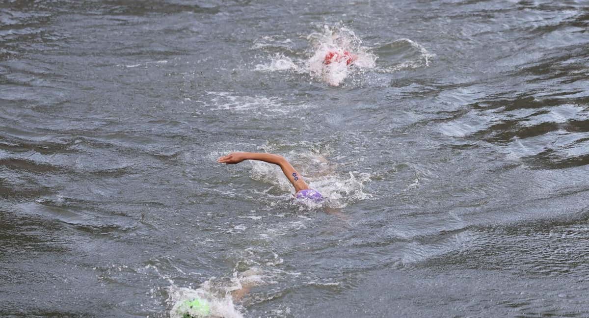 Diferentes triatletas, nadando por las aguas del Sena el pasado miércoles.