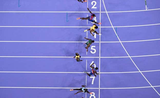 La foto finish de los 100 metros de París. Reuters