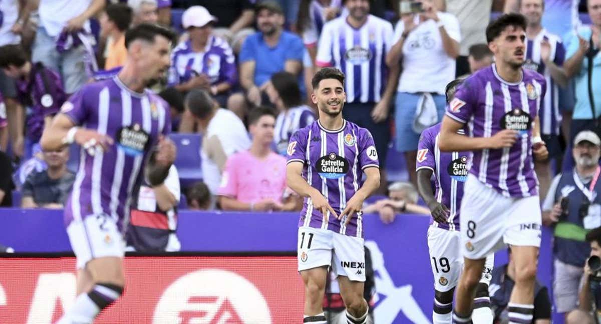 Raúl Moro celebra el gol de la victoria del Valladolid