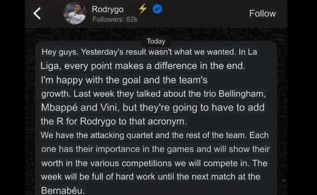 El whatsapp borrado de Rodrygo que esconde su enfado por verse fuera del tridente Bellingham - Mbappé - Vinicius