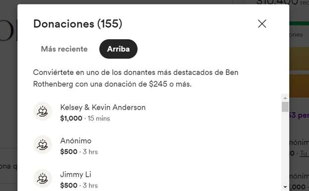 Comprobante de la aportación de Kevin Anderson Gofundme