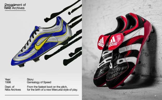 Adidas Predator Accelerator y Nike Mercurial, 1998.  MONTAJE