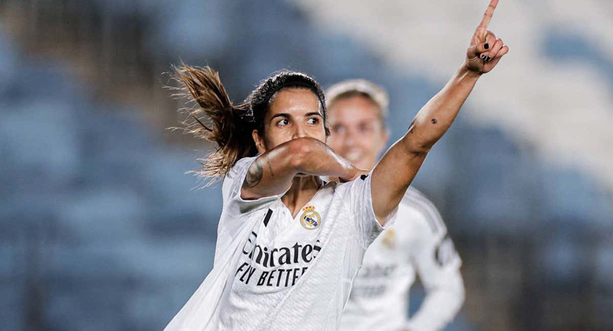 Alba Redondo celebra su primer gol con el Real Madrid en el partido de la previa de Champions ante el Sporting de Portugal.