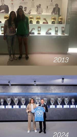Imagen de Misa Rodríguez en su visita al museo del Bernabéu en 2013 y la fotografía junto a Butragueño después de cumplir 150 encuentros.  INSTAGRAM: MISA RODRÍGUEZ