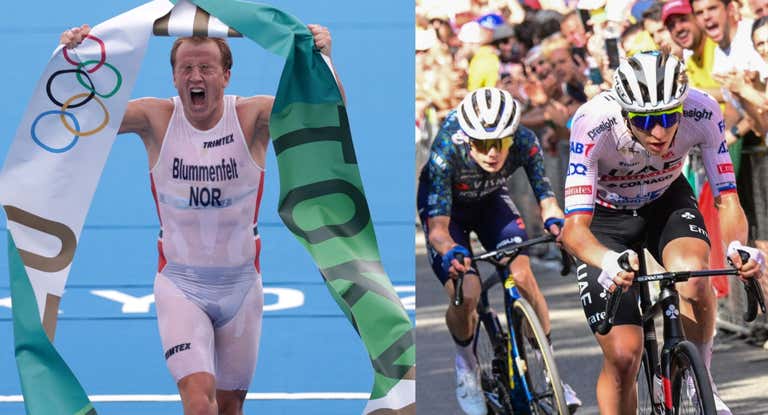 Kristian Blummenfelt celebra su oro olímpico junto a una imagen del pasado Tour de Francia, con Vingegaard y Pogacar midiéndose en Bolonia.