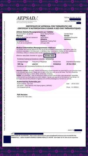 Imagen del certificado de la Autorización de Uso Terapéutico de Majida Maayouf con una fecha que no incluía la del control en el que dio positivo en terbutalina.  David Hernández | Relevo