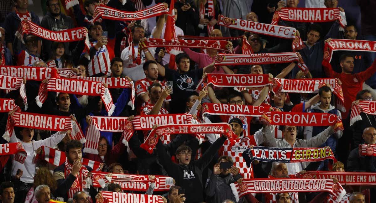 Aficionados del Girona en el partido ante el Slovan.
