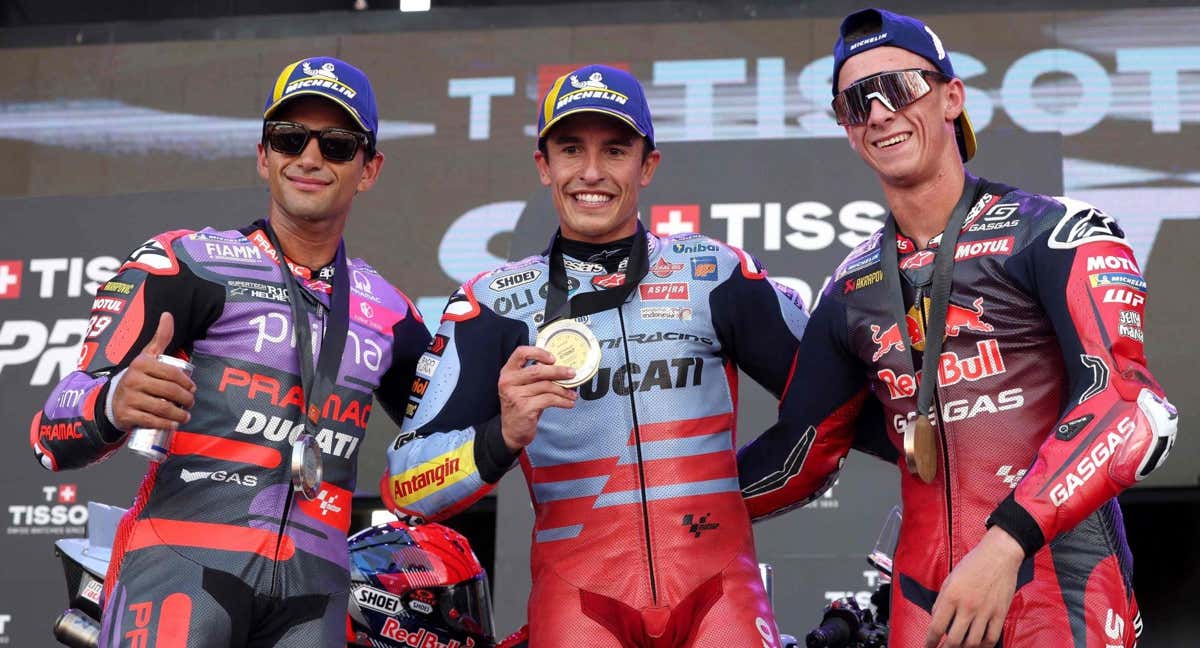Jorge Martín, Marc Márquez y Pedro Acosta.