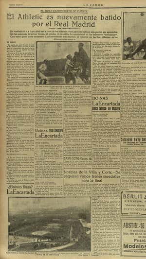 Primera plana del periódico 'La Tarde', tras la derrota del Athletic Club ante el Real Madrid.  ARCHIVO