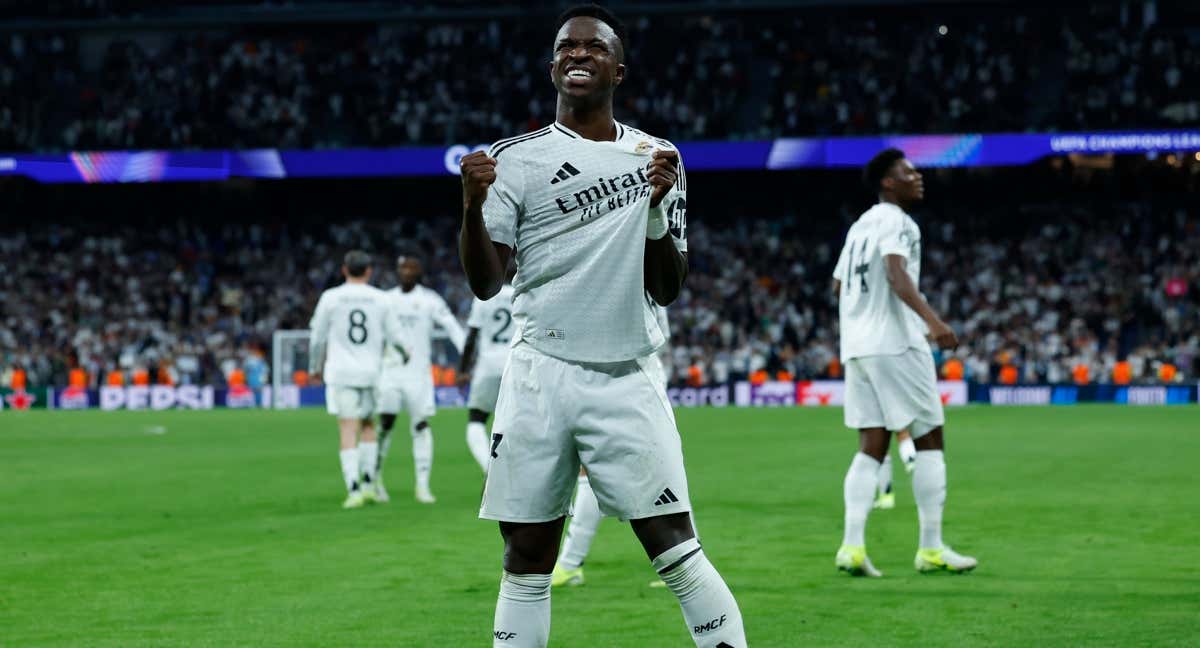 Vinicius JR celebra un gol con el Real Madrid.