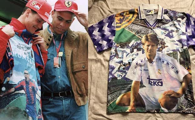 Ronaldo entrega una bootleg firmada a Schumacher (1997), camiseta oficiosa de Laudrup (1996).