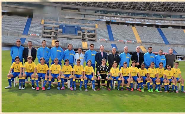 Raúl Asencio, el segundo empezando por la izquierda, posa en el Estadio de Gran Canaria UD LAS PALMAS