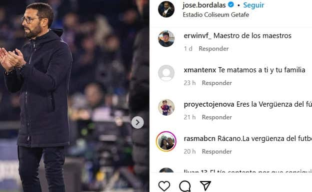 Publicación de Bordalás, con amenazas en sus comentarios.  CAPTURA